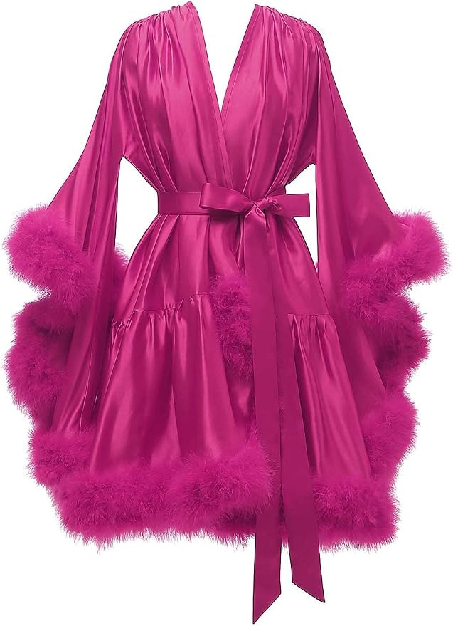 Changuan Feather Robe Silk Satin Bridal Wedding Robe Dressing Gown Lingerie Bathrobe Sleepwear | Amazon (US)