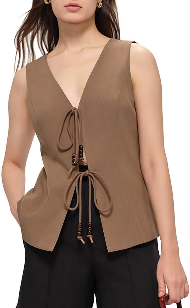 Womens Sleeveless Blazer Jackets V Neck Tie Up Summer Casual Lightweight Vests | Amazon (US)