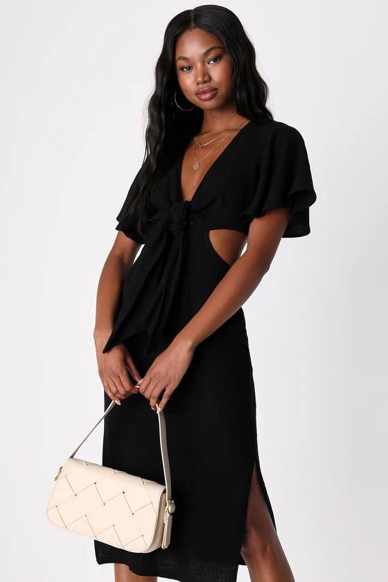 Summer Journey Black Tie-Front Cutout Midi Dress | Lulus