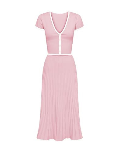 Tanming Women's Two Piece Skirt Set Casual Short Sleeve Crop Top Ribbed Knit Midi Pleated Skirt (Pink-S) | Amazon (US)