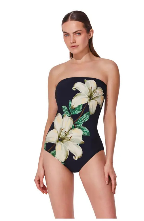 Gottex Yuri Flower Bandeau One Piece in Black-Cream at Nordstrom, Size 16 | Nordstrom