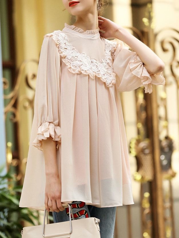 Pink Contrast Crochet Bell Sleeve Blouse | SHEIN