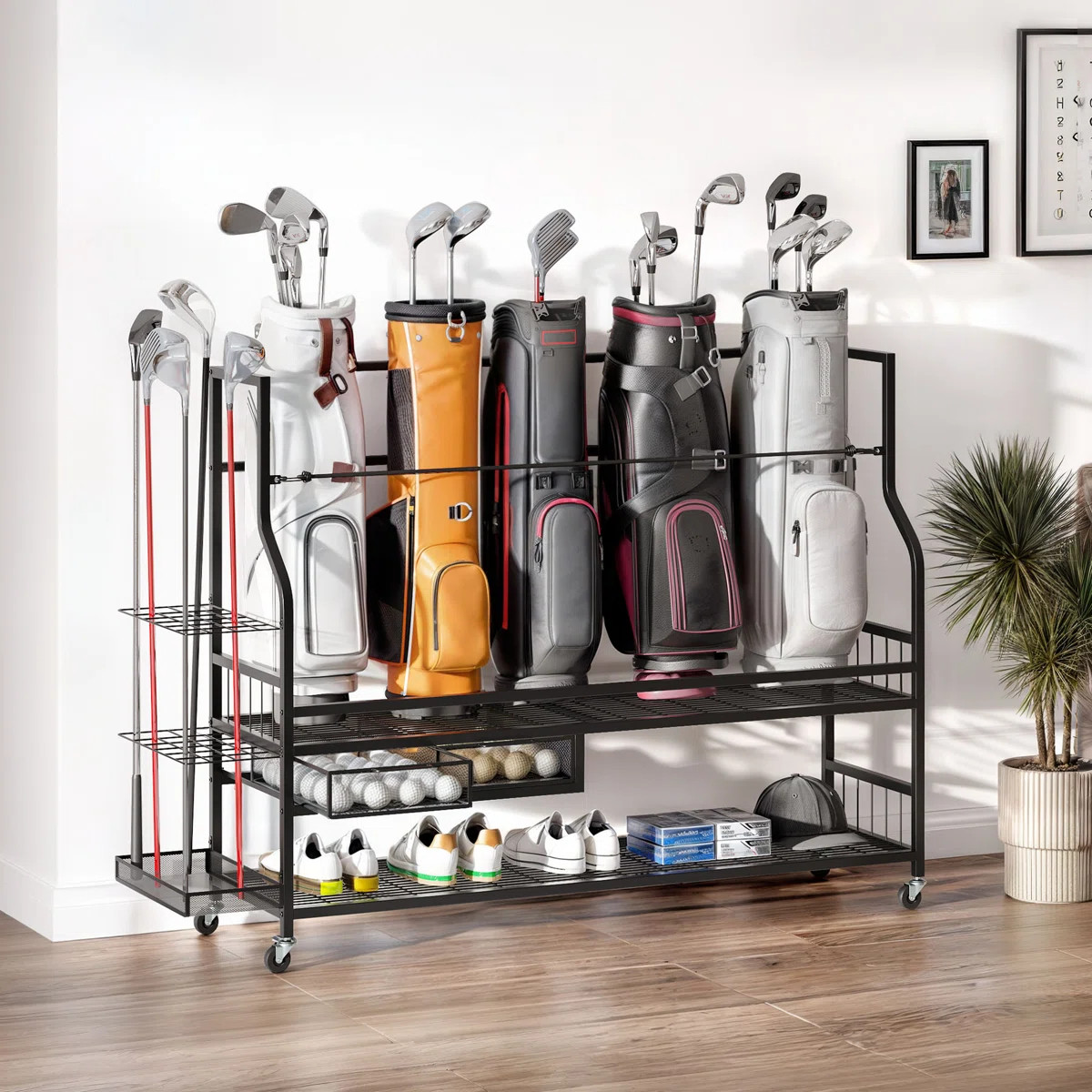 Golf Storage Organizer Bag Rack For Garage Club With Wheels And Drawer For Golf Bags, Clubs, Ball... | Wayfair North America