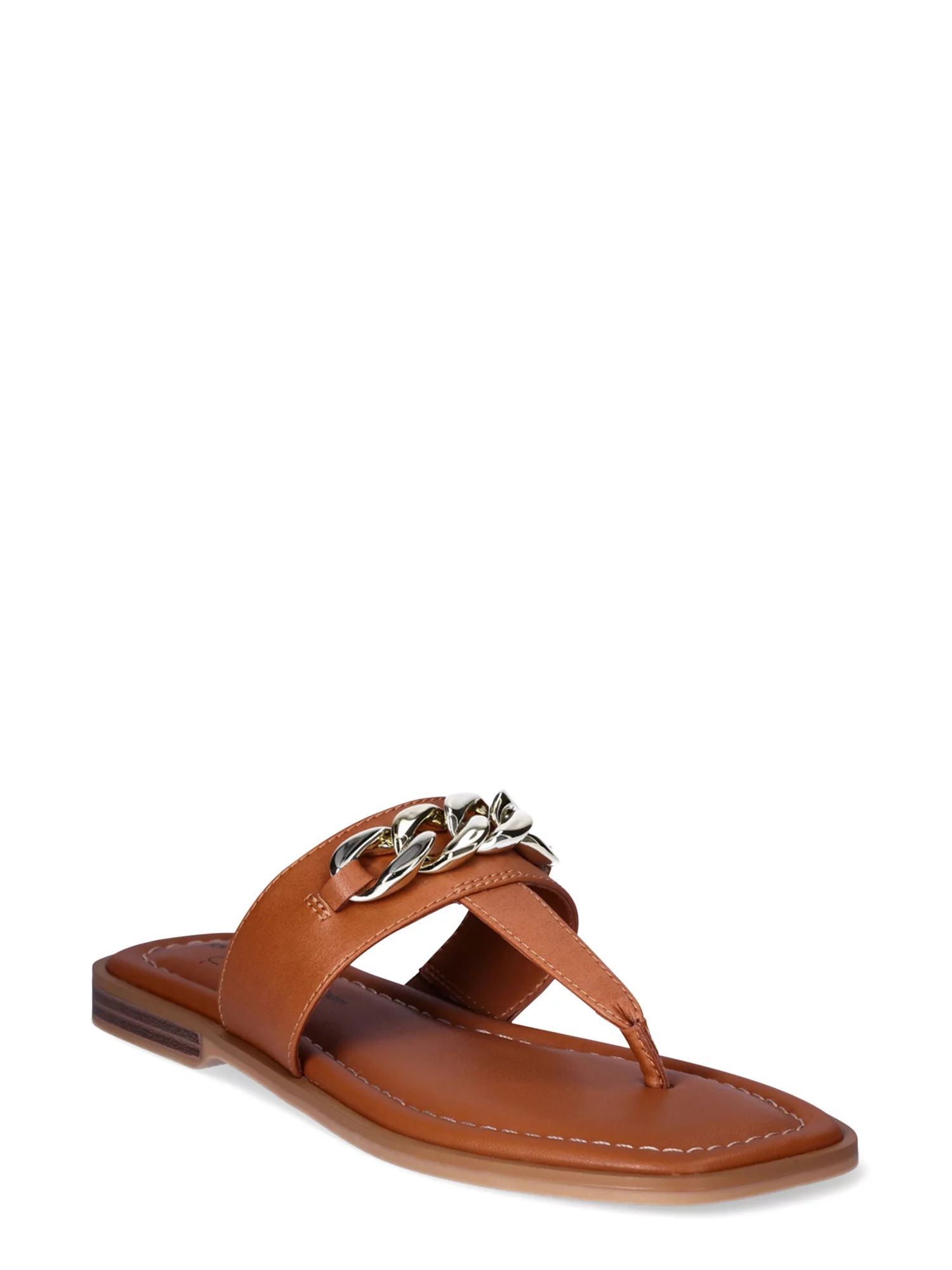 Time and Tru Women's T-Strap Sandals with Chain Accent, Sizes 6-11 - Walmart.com | Walmart (US)