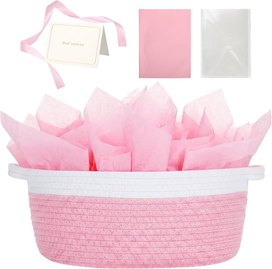 Baskets for Gifts Empty, Pink Small Woven Easter Basket with Cellophane Bag Card Ribbon Tissue Pa... | Amazon (US)
