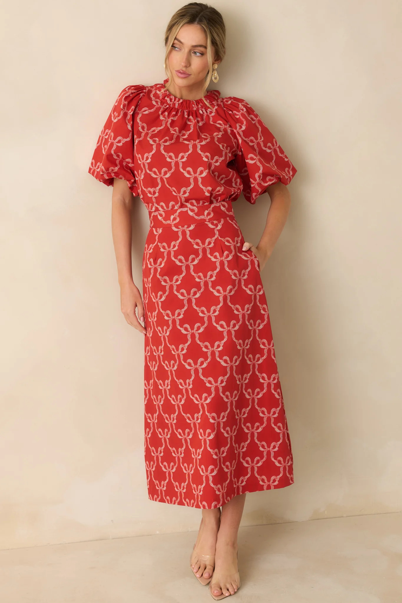 Prosperina Campbell Red Cotton Bow Print Puff Sleeve Tie Back Blouse | Red Dress
