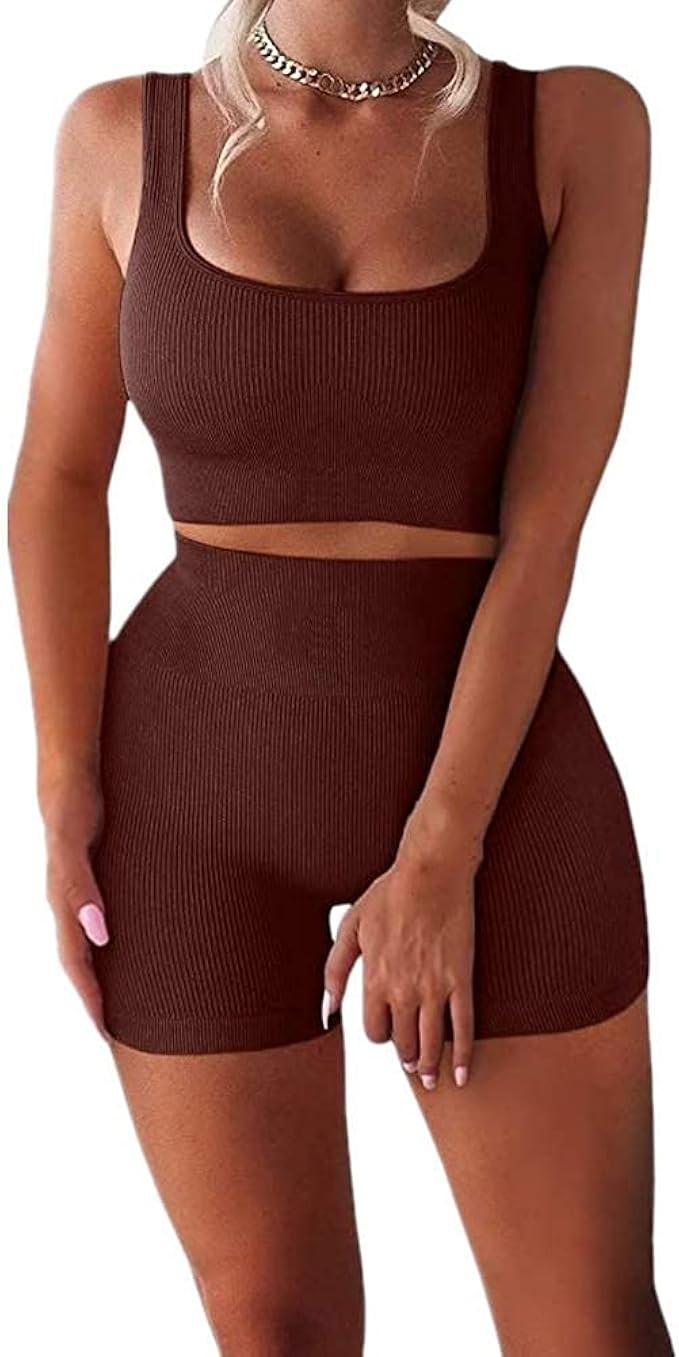 Seamless Yoga Outfits for Women 2 Piece Ribbed Workout Sets High Waist Leggings Shorts with Tank ... | Amazon (UK)