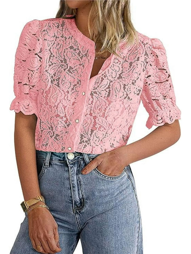 PRETTYGARDEN Womens Summer Lace Tops Short Puff Sleeve Casual Dressy Blouses Eyelet Crew Neck But... | Walmart (US)