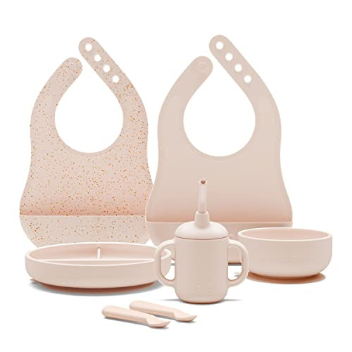 Lalo First Bites Silicone Baby Feeding Set - Baby Led Weaning Supplies - Non-Toxic Silicone - Includes 2 Bibs, 2 Spoons, Training Cup, Suction Plate and Bowl - 6 Pieces - Grapefruit | Amazon (US)