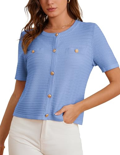 Short Sleeve Cardigans for Women Crew Neck Button Down Soft Summer Sweaters Casual Dreesy Cardigan with Pockets Light Blue XL | Amazon (US)