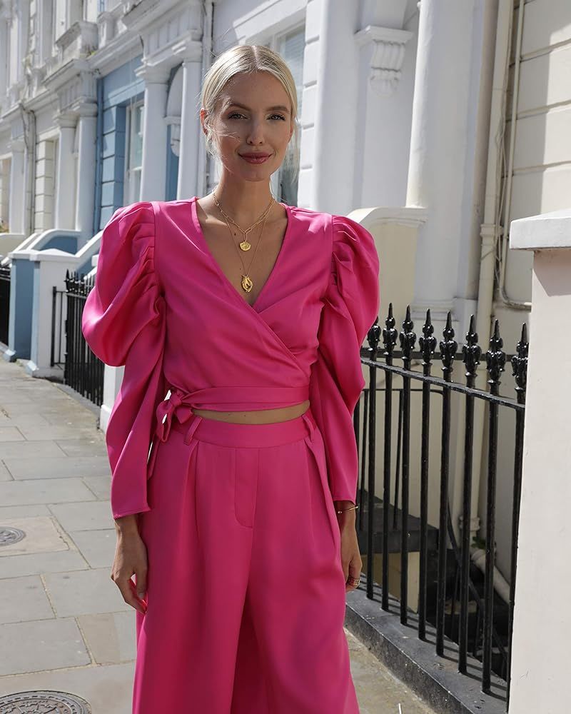 Women's Fuchsia Deep V-Neck Puff Long Sleeve Wrap Crop Top by @leoniehanne | Amazon (US)