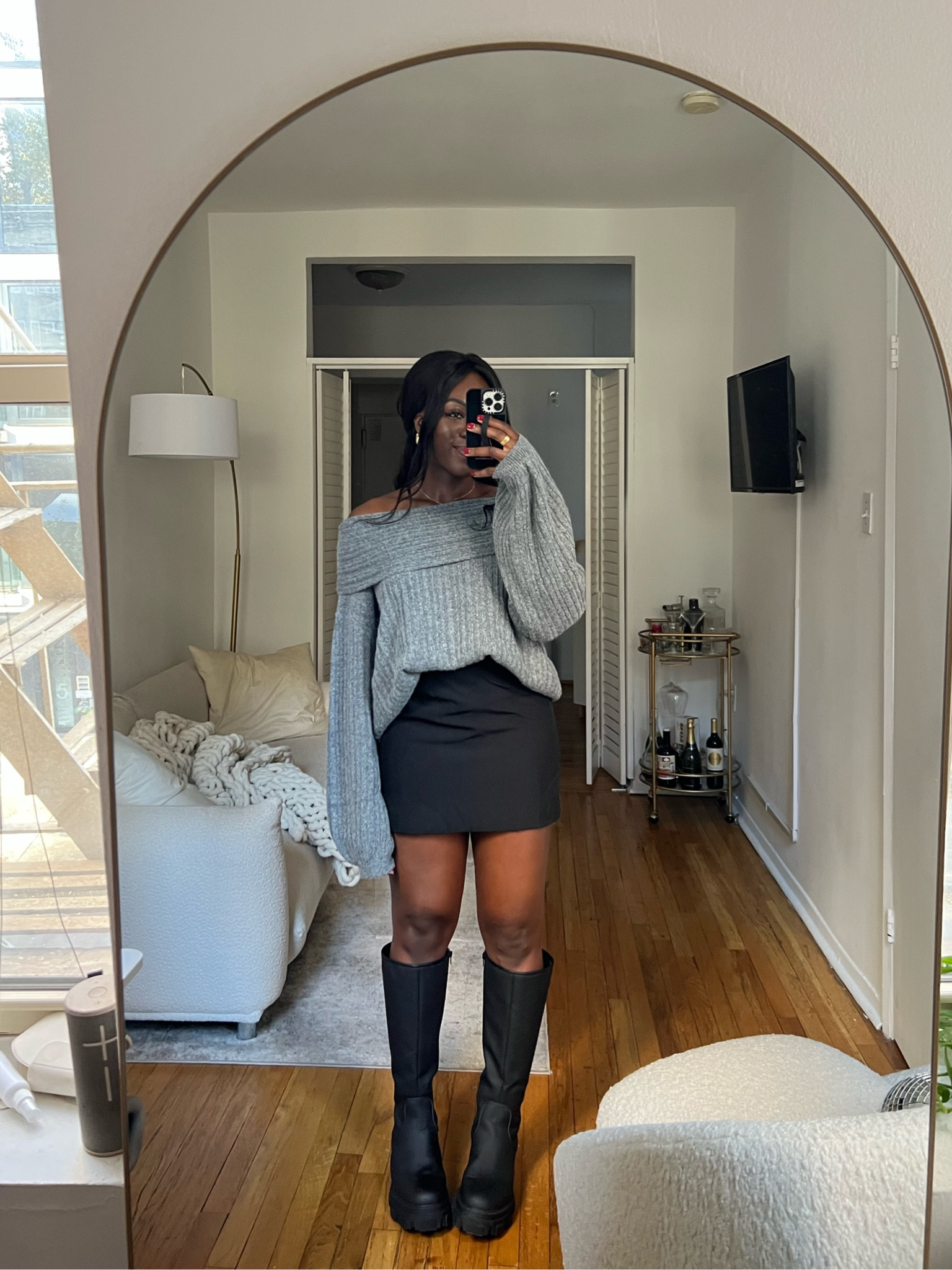 Hot mini skirt boots outfit Hot Sale