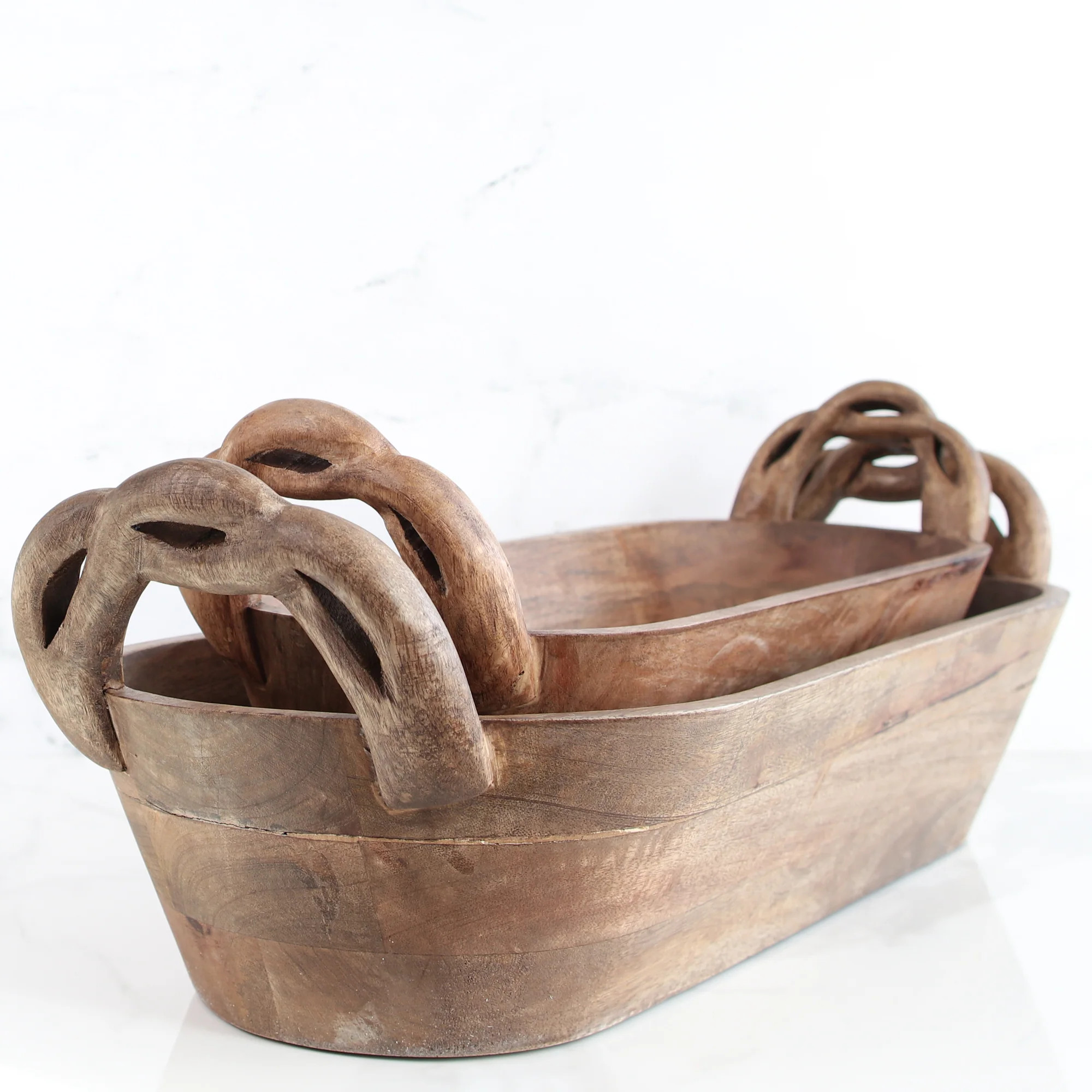 Wooden Braided Handle Dough Bowl, Set of 2 | Interior Delights