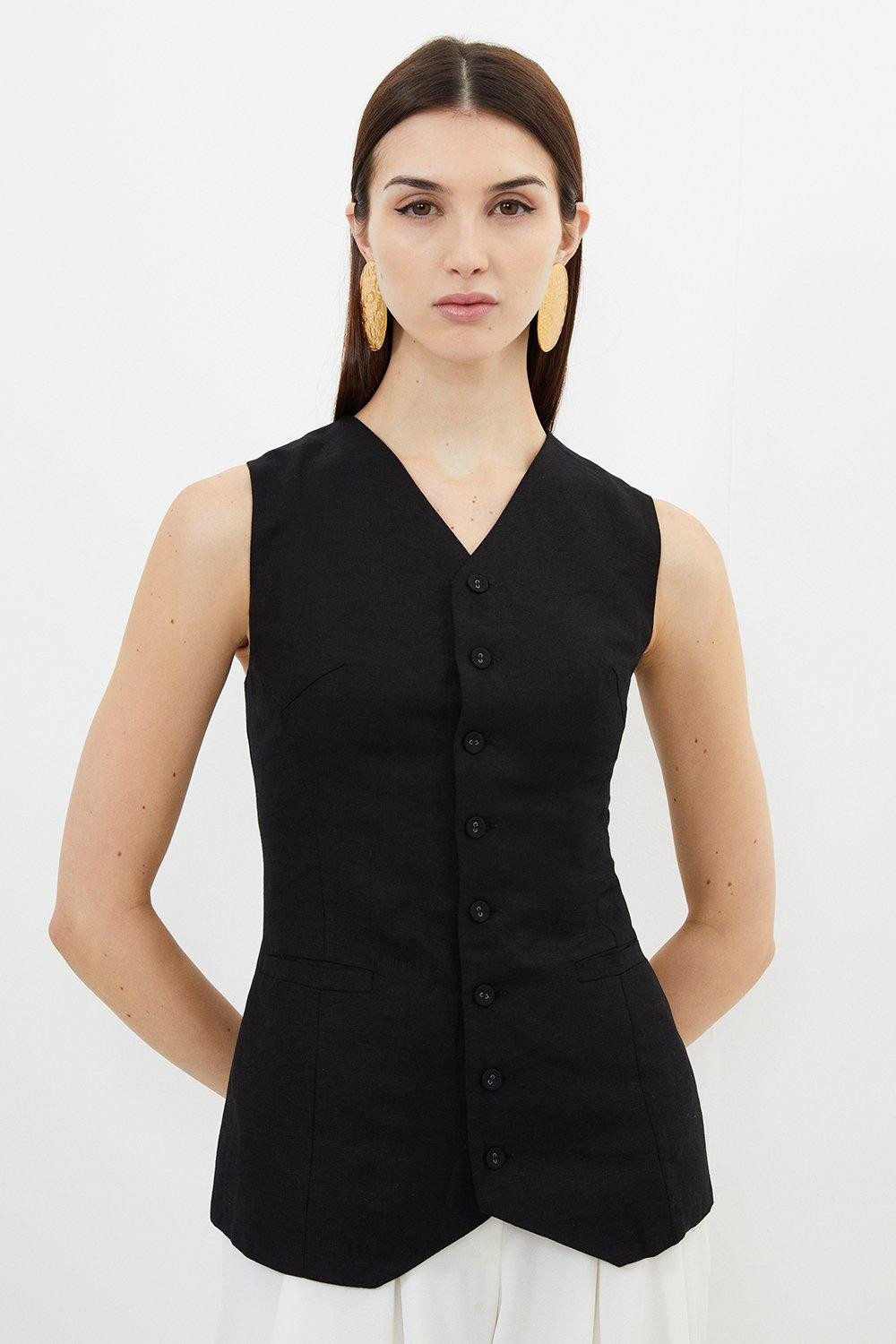 Viscose Linen Woven Long Waistcoat | Karen Millen UK + IE + DE + NL