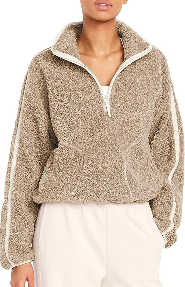 Womens Quarter Zip Pullover Sherpa Fleece Jacket Warm Trendy Teddy Sweatshirts Fuzzy Outerwear wi... | Amazon (US)