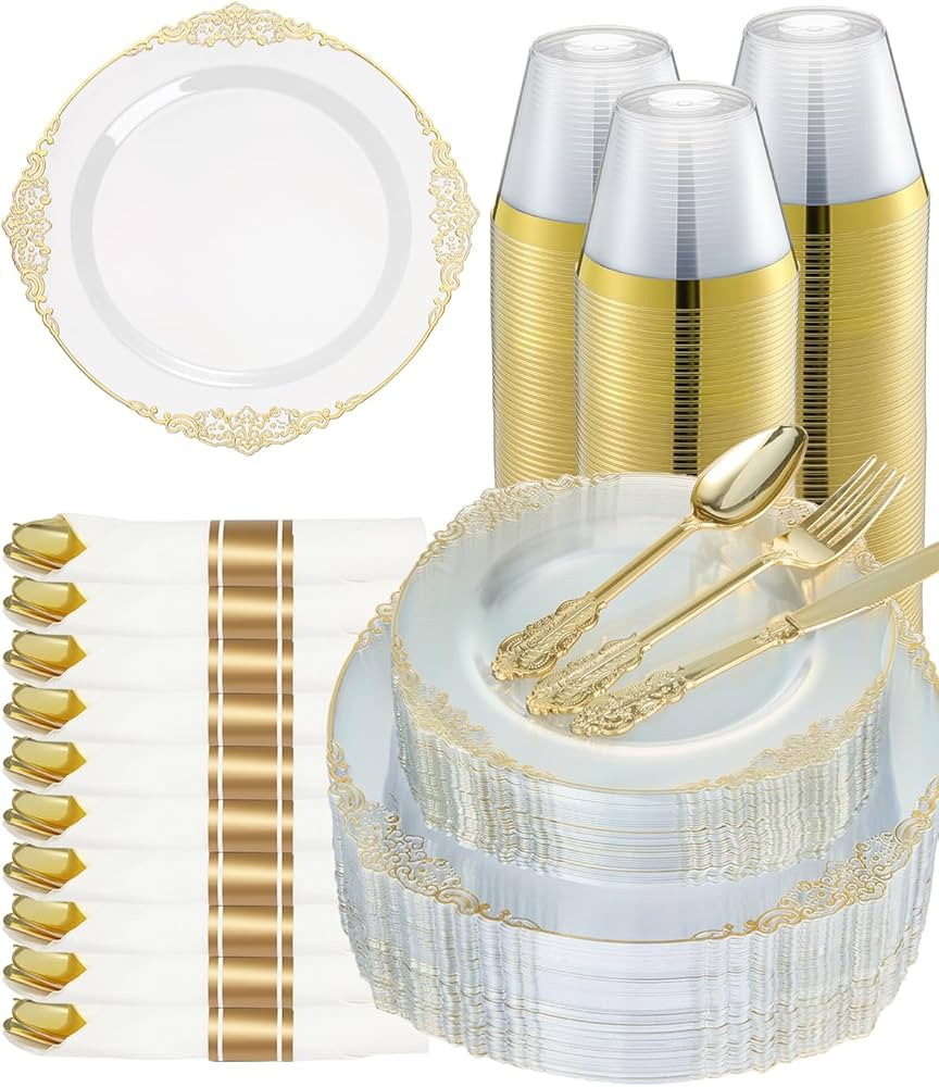 Goodluck 350 Piece Clear Gold Plastic Dinnerware Set for 50 Guests, Fancy Disposable Plates, Incl... | Amazon (US)