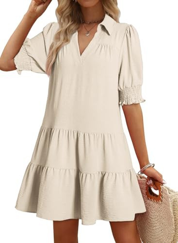 Dokotoo Summer Dresses for Women 2026 Casual Lapel Collared V Neck Short Sleeve Pleated a Line Mini Dress Stretch Flowy Short Dress Sun Dresses for Women Vacation with Pockets Beige | Amazon (US)