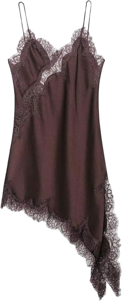 Floerns Women's Satin Lace Dress Layering Asymmetrical Tops Date Night Slip Dresses | Amazon (US)