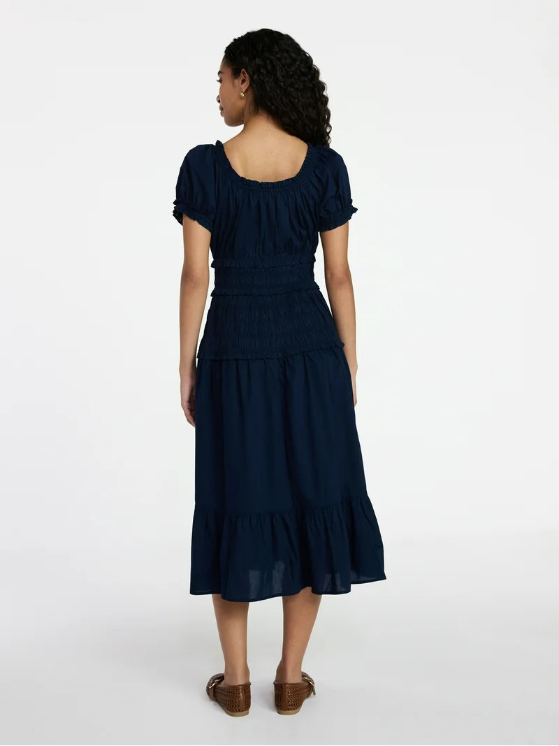 Time and Tru Women's Smocked Cotton Peasant Dress with Short Sleeves, Sizes XS-XXXL | Walmart (US)