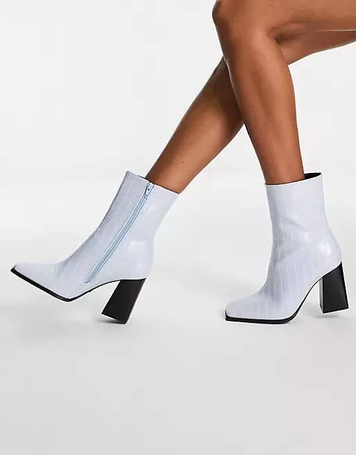 Truffle Collection block heel square toe ankle boots in blue croc | ASOS (Global)
