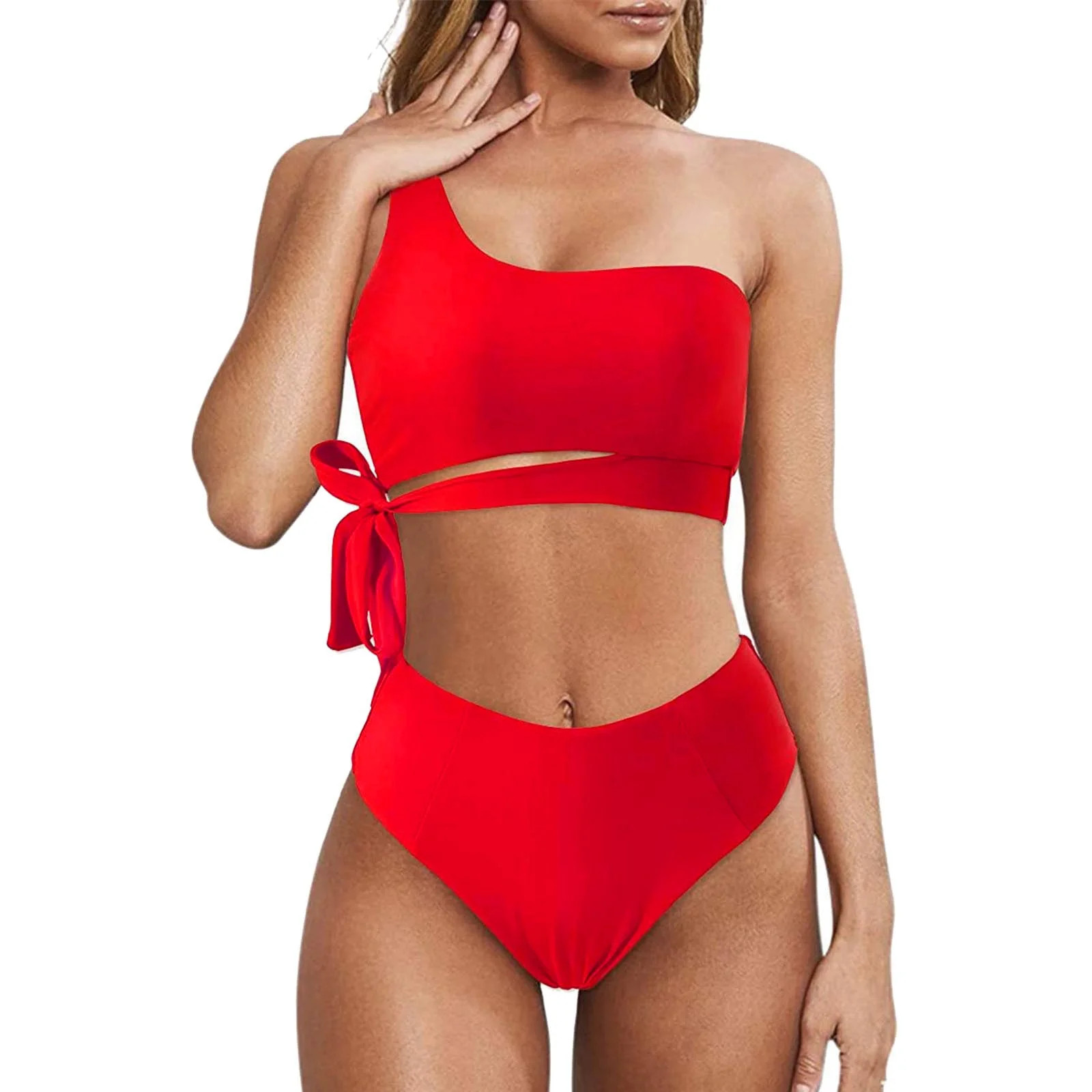 Fauean One Shoulder Swimsuits for Women Side Lace up Bathing Suit High Waisted Beachwear Red Size... | Walmart (US)