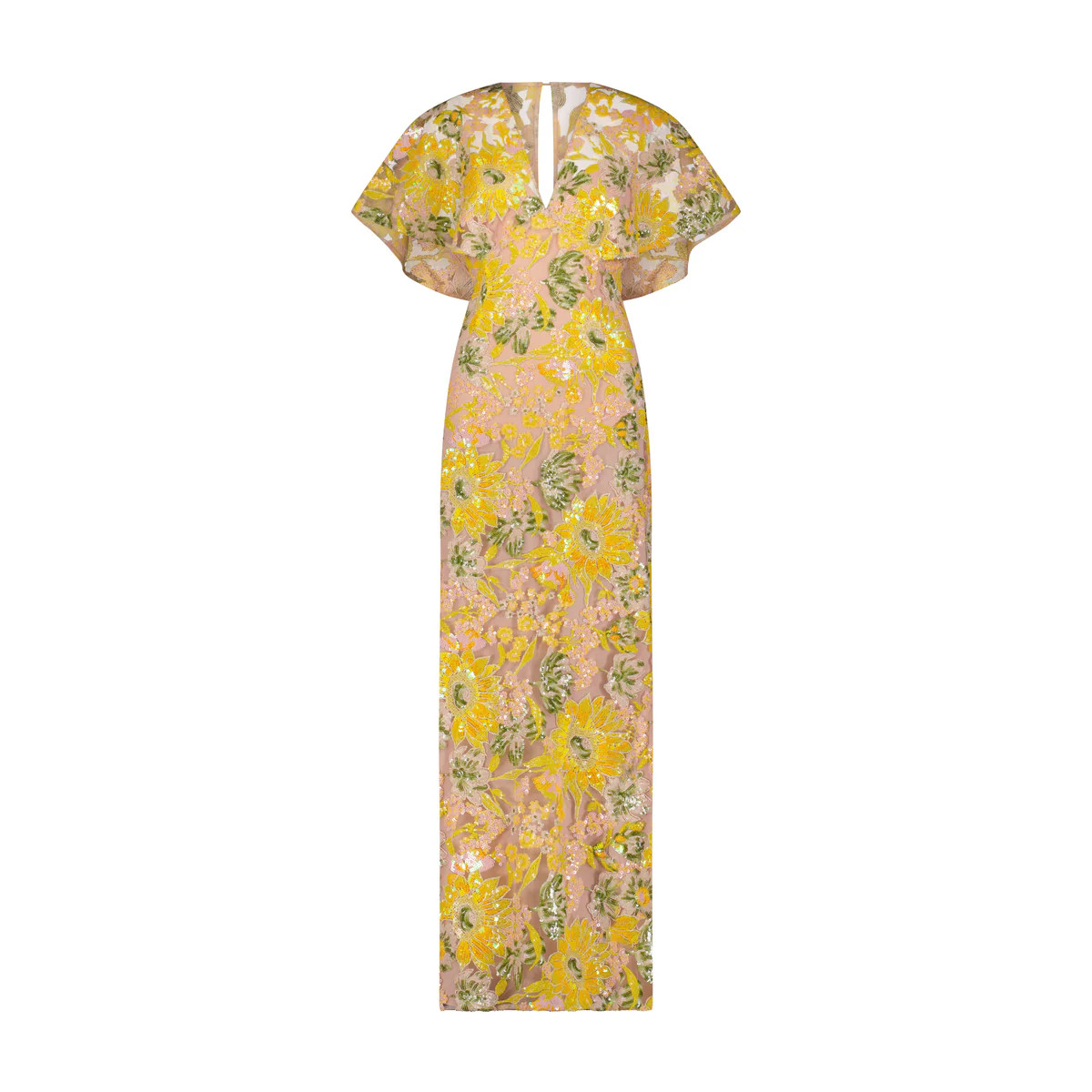 Floral Sequin Tulle V-Neck Column Dress in Limoncello | Over The Moon