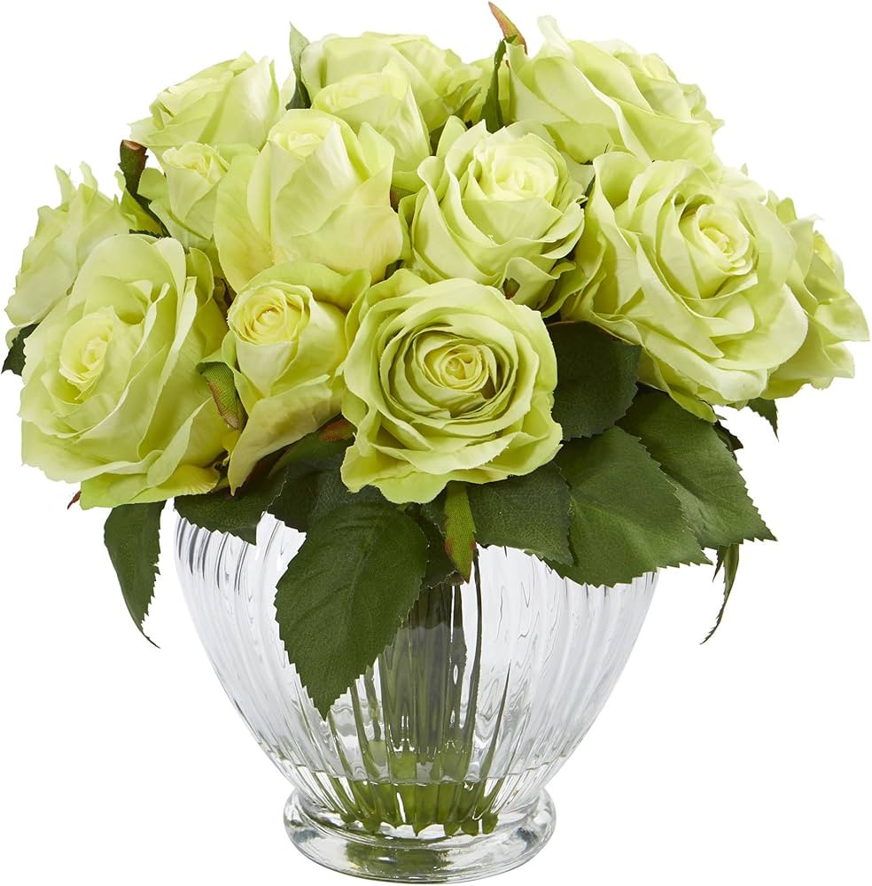 Nearly Natural 1539-GR Rose Floral in Elegant Glass Vase, 9", Green | Amazon (US)