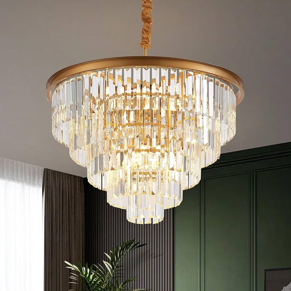 23.23" Gold Crystal Chandelier 12-Light Modern Crystal Pendant Ceiling Light Fixture 5-Tier Luxur... | Amazon (US)