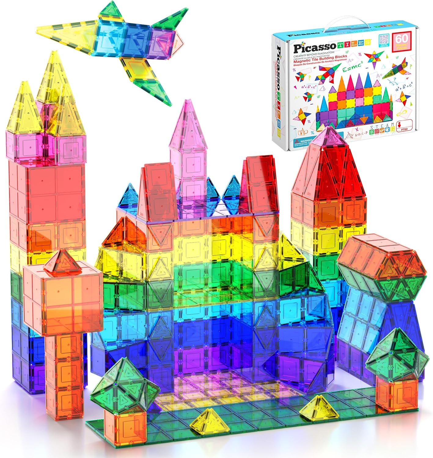 PicassoTiles 60 Piece Set 60pcs Magnet Building Tiles Clear Magnetic 3D Blocks Construction Playb... | Amazon (US)