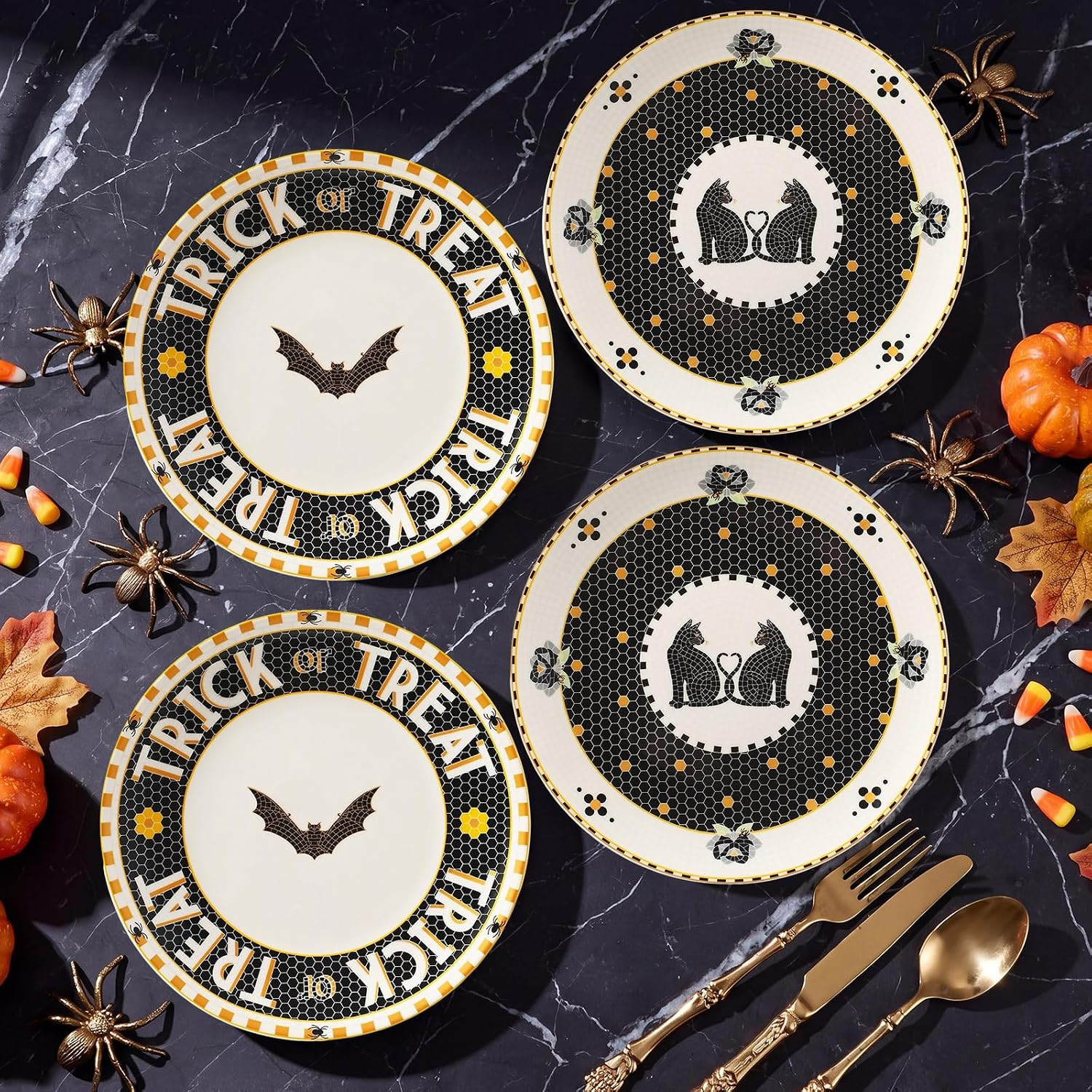 Reallnaive 4 Pcs Stoneware Gold Accent Halloween Dessert Plate Ceramic Vintage Bat Black Cat Plates, Dishwasher Microwave Safe Ceramic Halloween Decorations Indoor Spooky Decorative Plate for Home | Amazon (US)