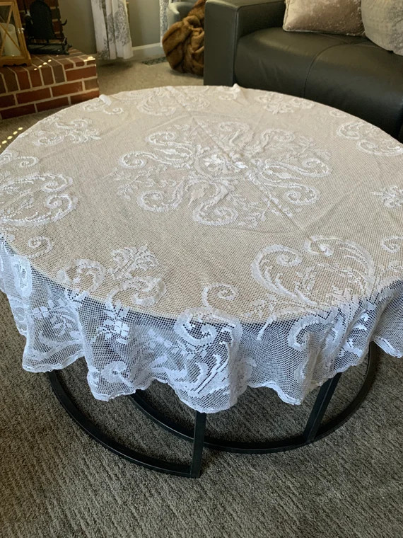 Vintage White Lace Scrolling Oblong Or Round Tablecloth Retro Granny Chic DIY | Etsy (US)