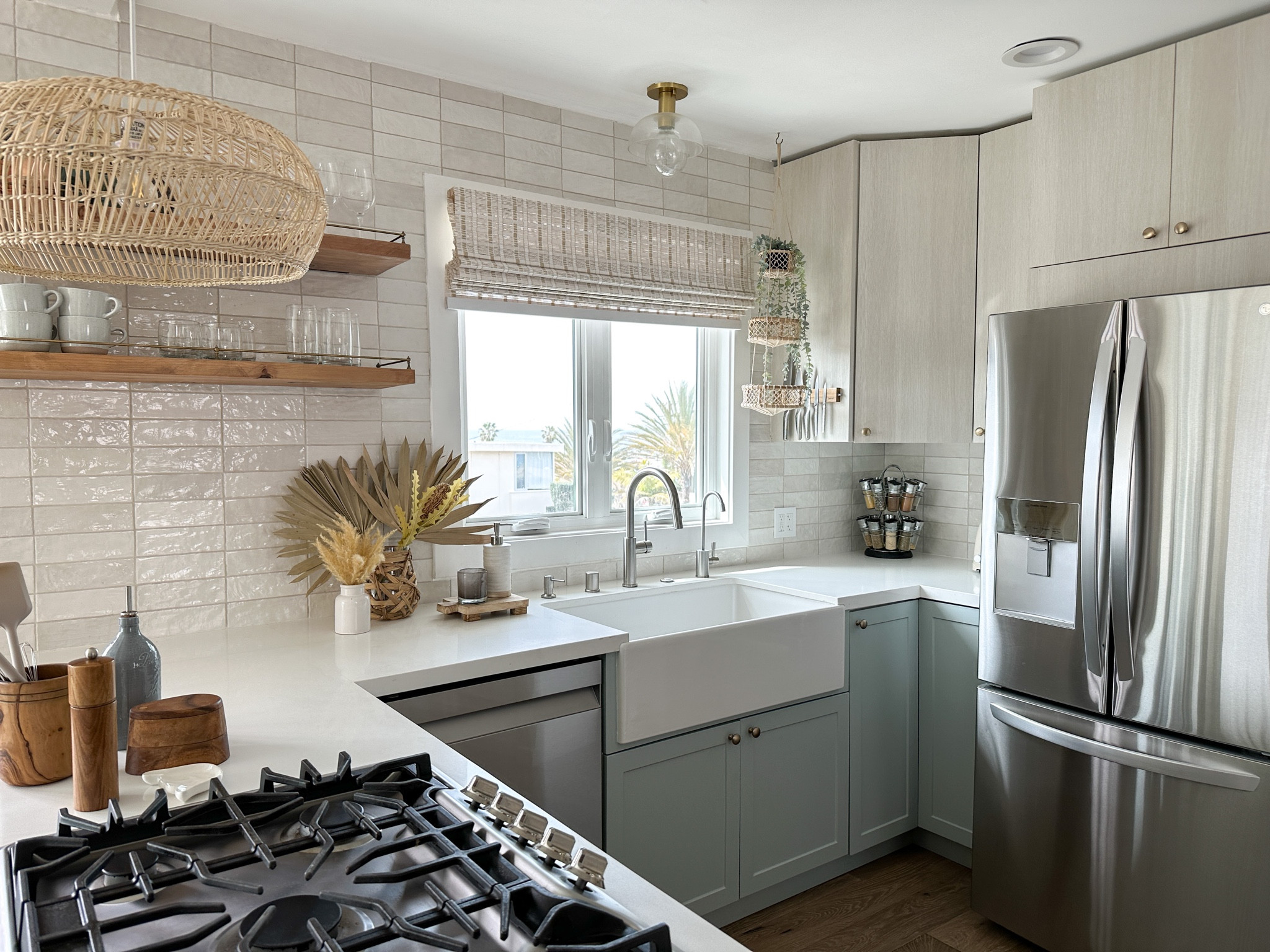 Set the mood with over the sink semi flush mount aged brass lighting.