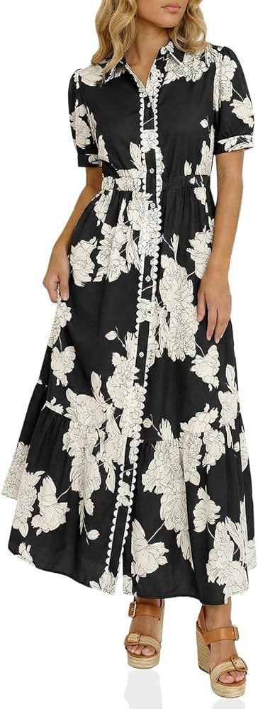 Wenrine Womens Casual Shirt Dress Floral Collared Short Sleeve Button Down Drawstring Waist Loose... | Amazon (US)
