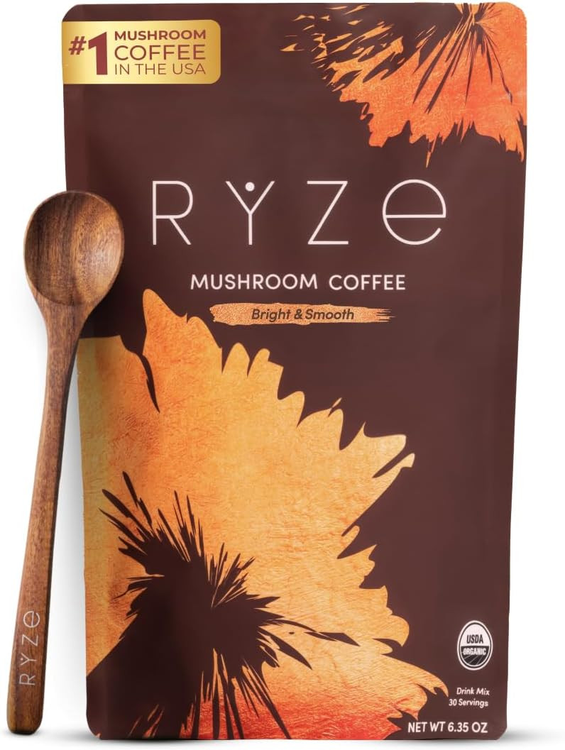 RYZE SUPERFOODS Mushroom Medium Roast Coffee USDA Organic with 6 Adaptogenic Mushrooms, USA Grown Instant Coffee for Better Energy, Focus Digestion Immunity with Lions Mane & Turkey Tail 30 Servings | Amazon (US)