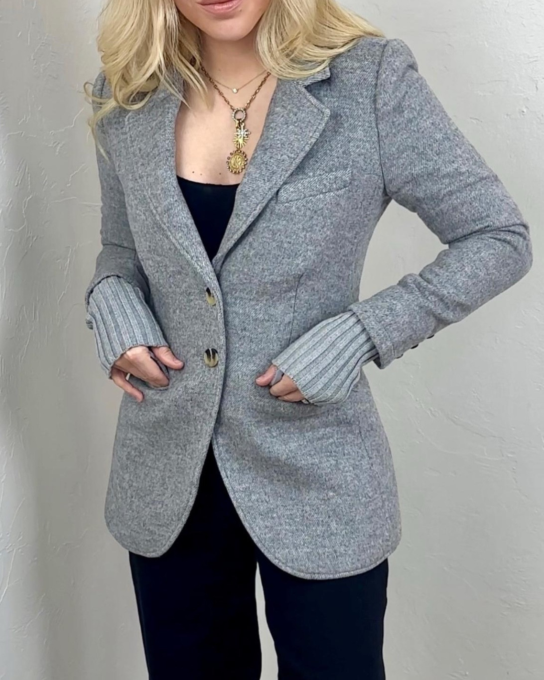 A woolly blazer starts off with a classic design and then switches things up by adding ribbed cotton-and-cashmere cuffs to create a bulk-free layered look.

Necklace makes a great Valentine’s Day gift!

#LTKValentine #LTKSeasonal #LTKgrwm