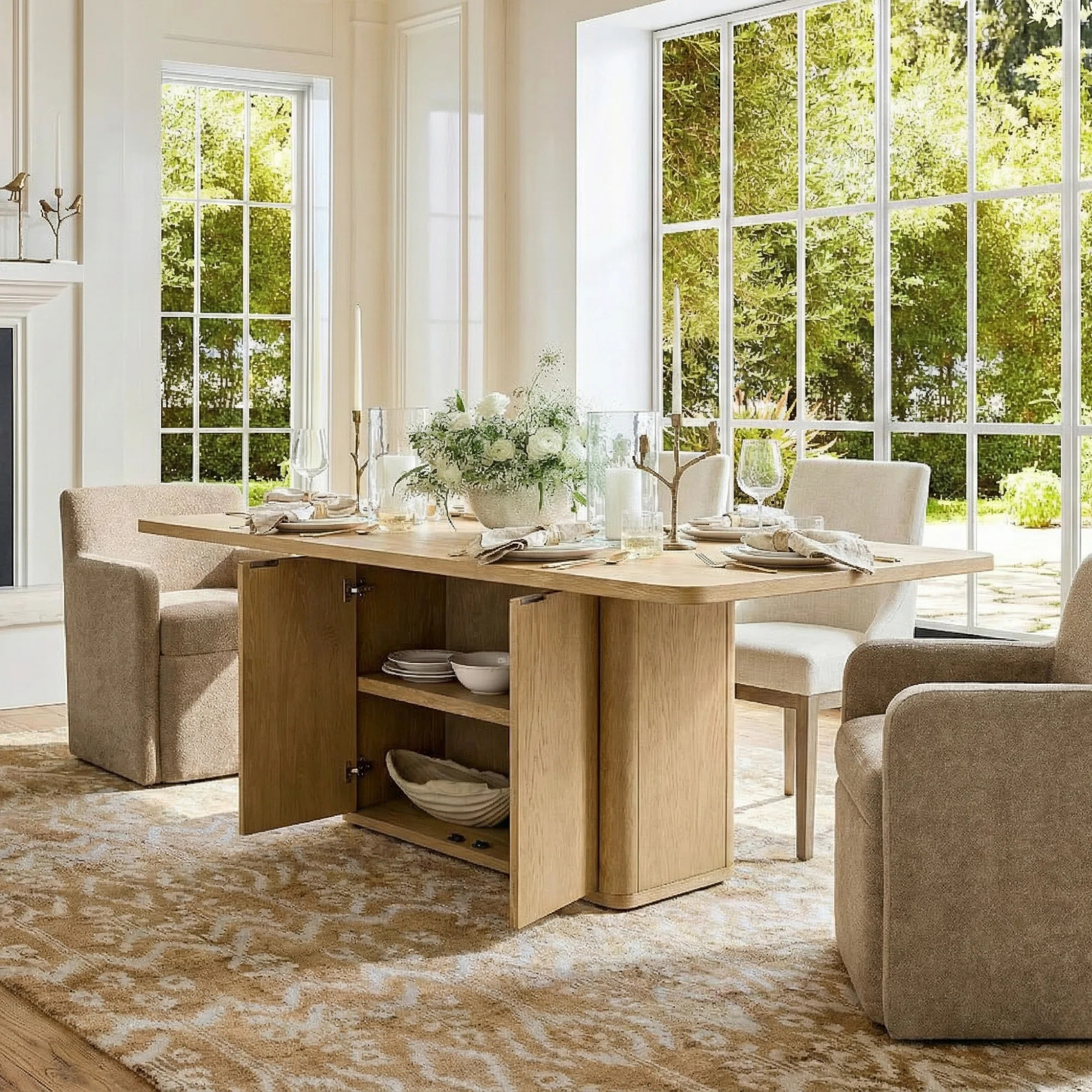 Arnolec 70''W Modern Farmhouse 8-Person Solid Wood Frame Oak Dining Table with Storage | Wayfair North America