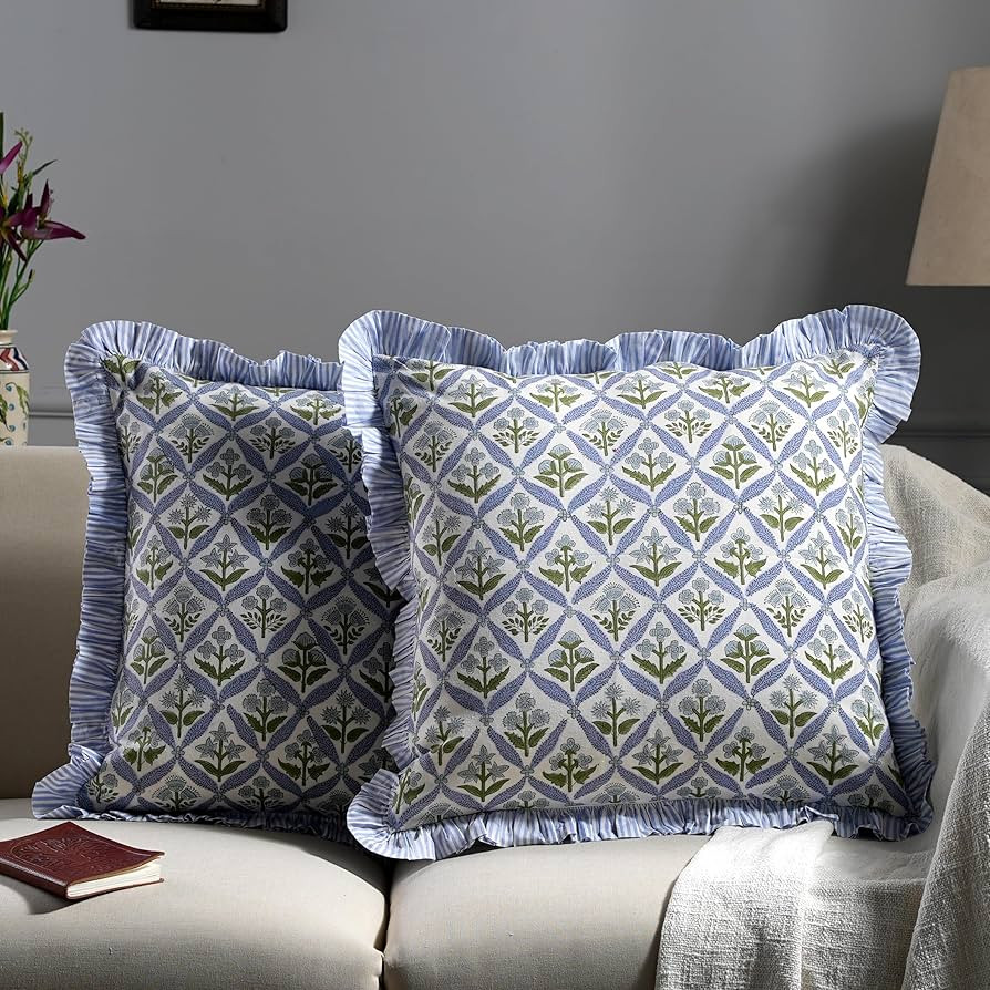 Ridhi Block Print Light Steel Blue Throw Pillow Cover 20" x 20" (Pack of 2) Decorative Cushion Co... | Amazon (US)