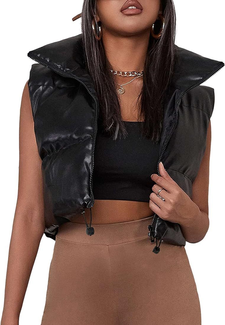 UANEO Womens PU Leather Cropped Puffer Vest Winter Faux Leather Zip Up Sleeveless Jacket | Amazon (US)