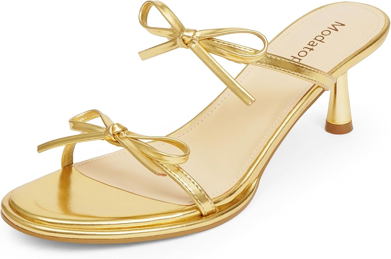 Modatope Two Strap Bow Tie Kitten Heel Sandals for Women Rounded Open Toe Heeled Sandals Women | Amazon (US)