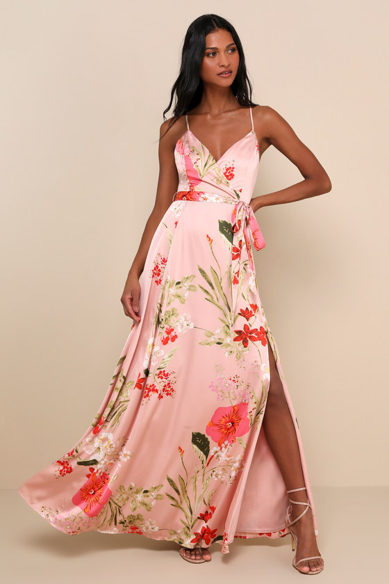 Still the One Blush Pink Floral Print Satin Maxi Dress | Lulus
