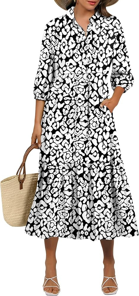 ANRABESS Women Summer Dress 2026 3/4 Puff Sleeve Polo V Neck Floral Print Casual Boho Shirt Maxi ... | Amazon (US)