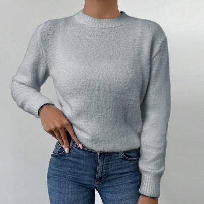 Women Solid Color Round Neck Long Sleeve Casual Loose Knit Grey Sweater, Autumn/Winter | SHEIN