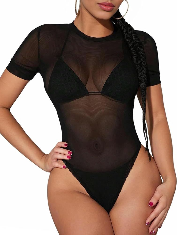 Avidlove Womens Mesh Bodysuit Black Long Sleeve Bodysuit Round Neck Sheer Leotards Sexy Bodysuit ... | Amazon (US)