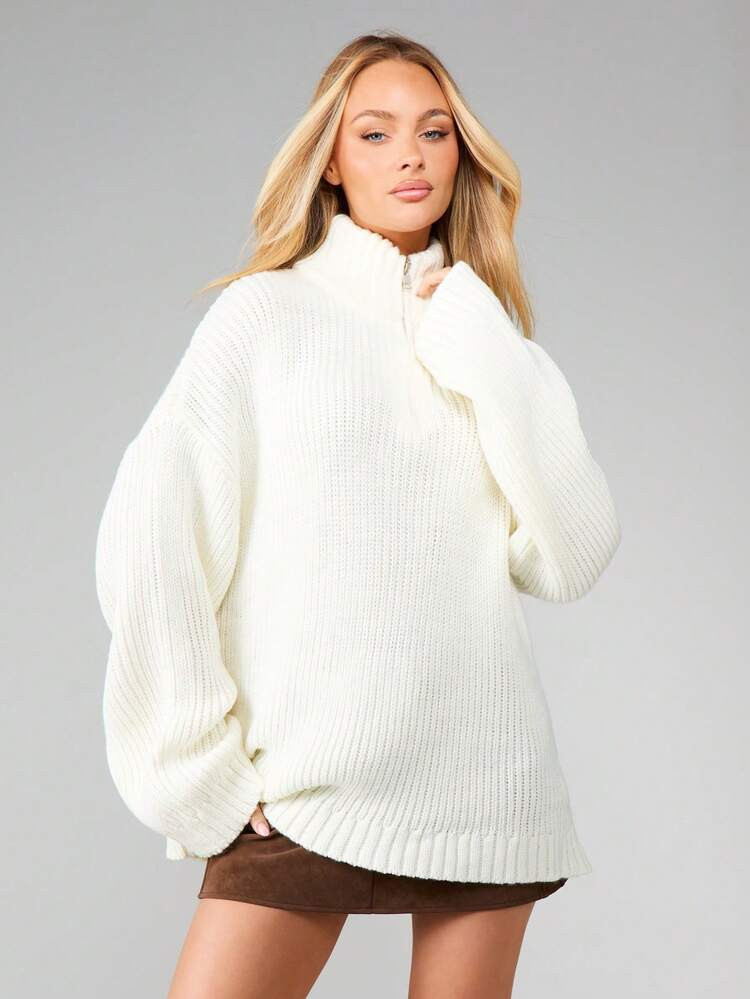 MISSGUIDED Super Oversized Quarter Zip Pullover Jumper Chunky Knit High Neck Fall Winter Cozy Sweater | SHEIN