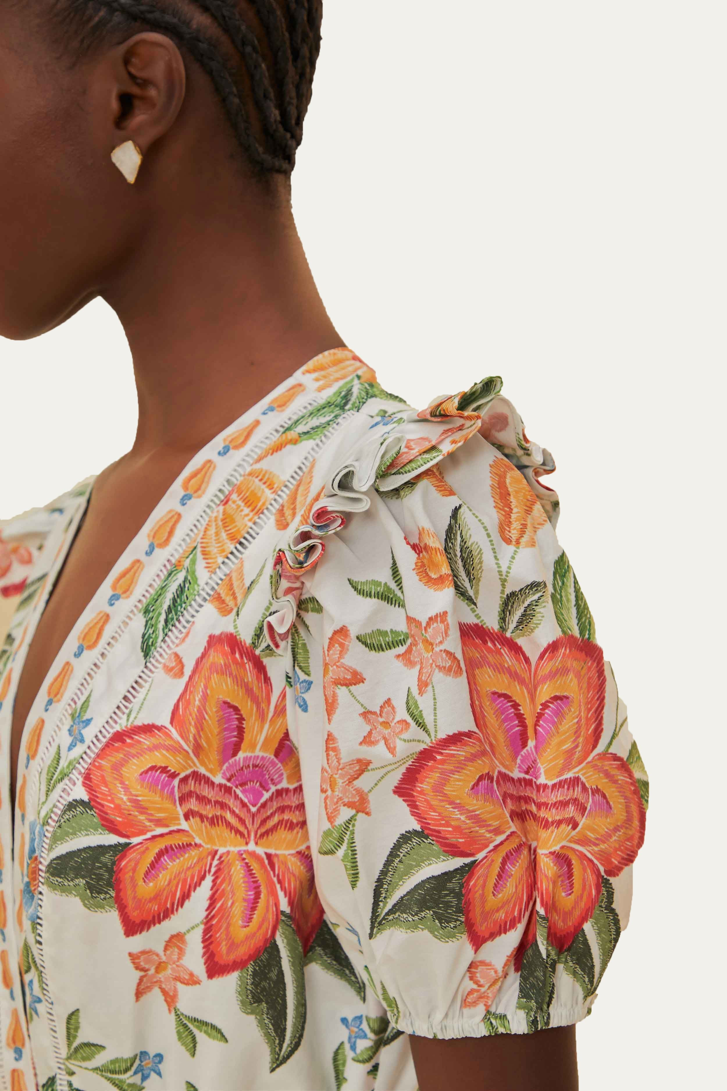 Off-White Bloom Garden LENZING™ ECOVERO™ Euroflax™ Romper | FarmRio (US)