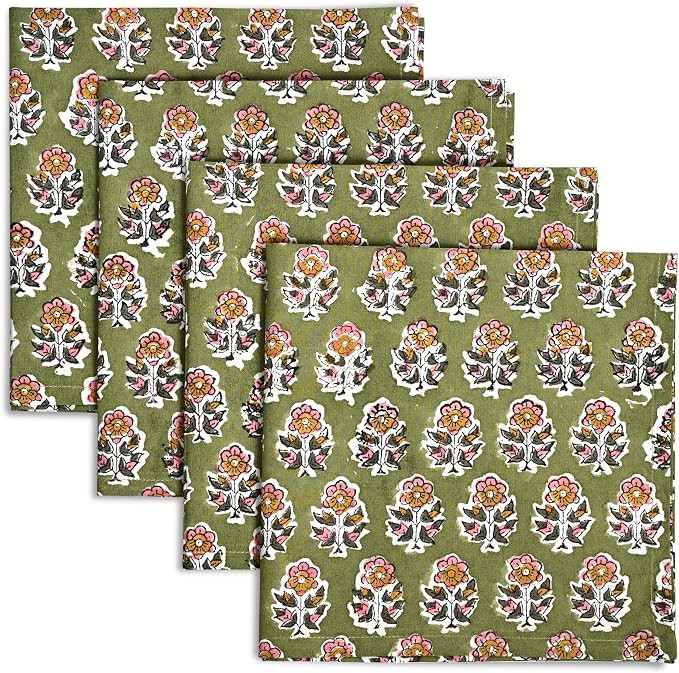 CPC Jade Green Indian Block Print Cotton Cloth Napkins Set of 4, 18x18 Reusable Everyday Napkins,... | Amazon (US)