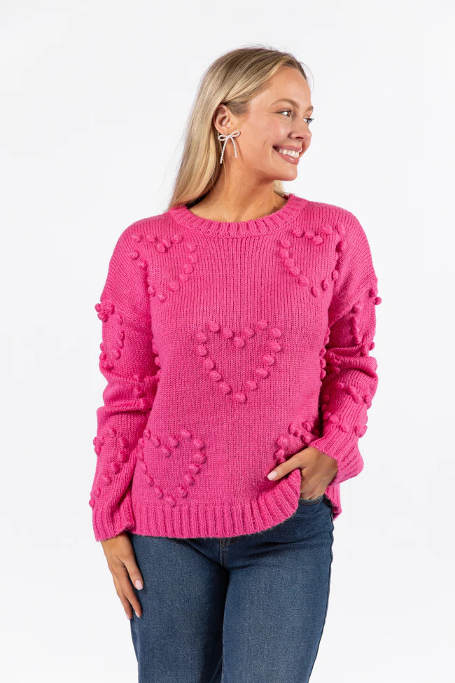 Adore You Hot Pink Oversized Heart Pom Sweater | Pink Lily
