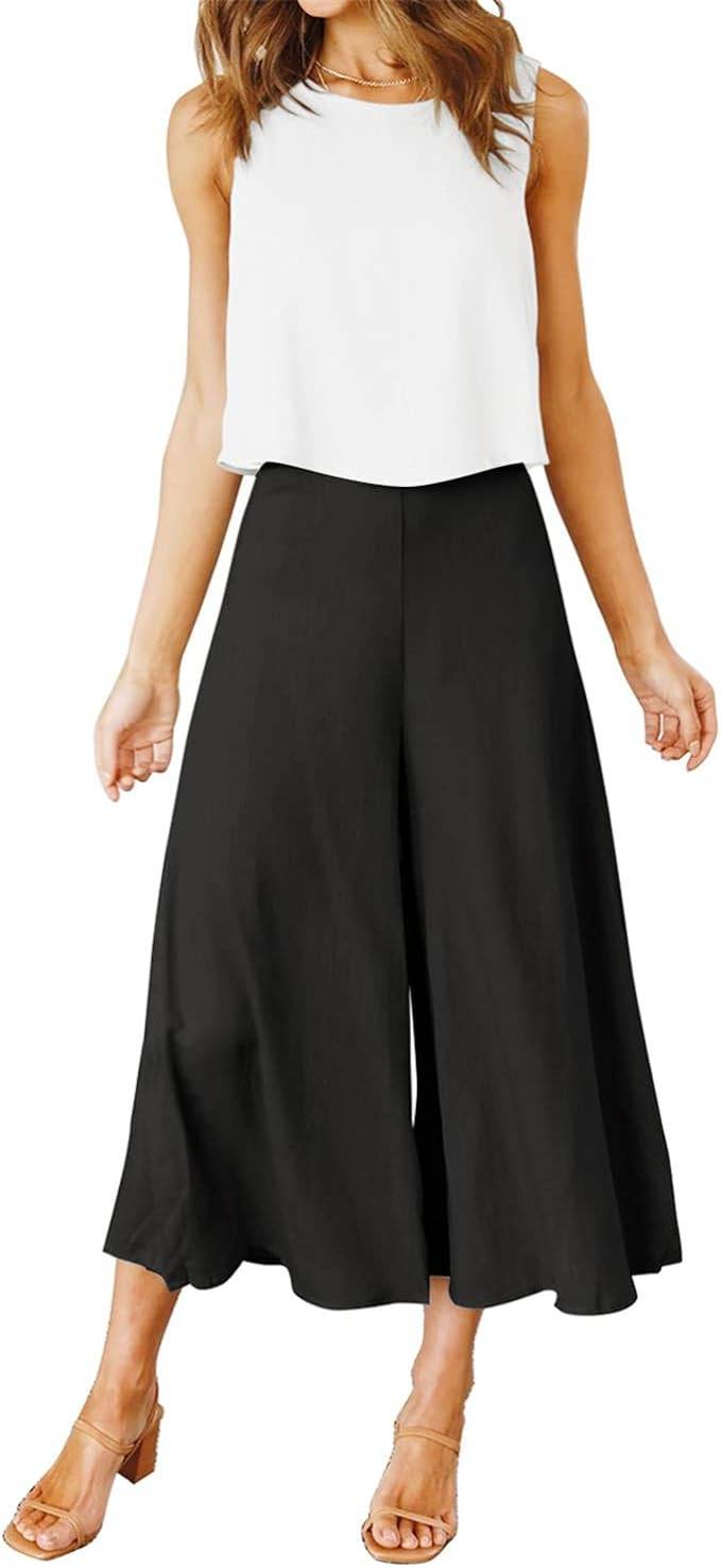 ROYLAMP Women's Summer 2 Piece Outfits Round Neck Crop Basic Top Cropped Wide Leg Pants Set Jumps... | Amazon (US)