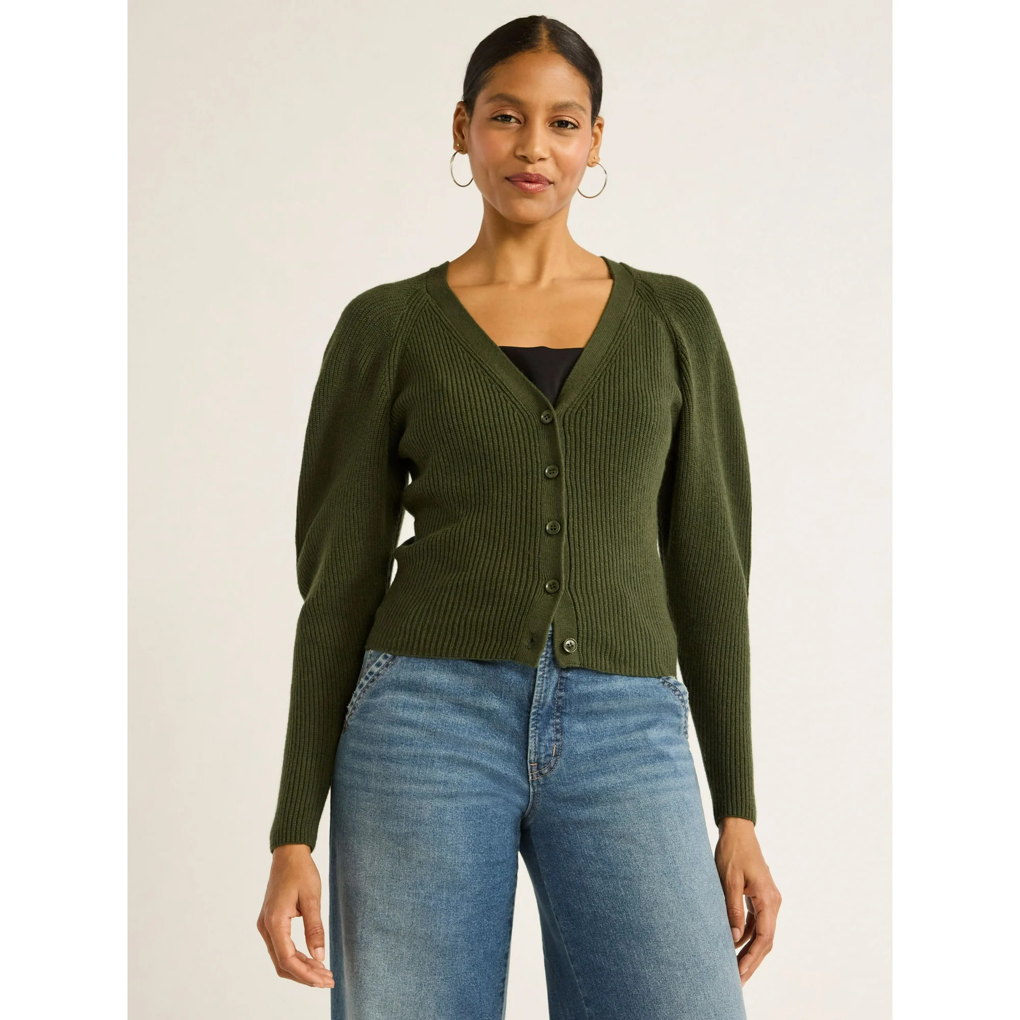Scoop Women's Puff Sleeve Cardigan Sweater, Lightweight, Sizes XS-XXL | Walmart (US)