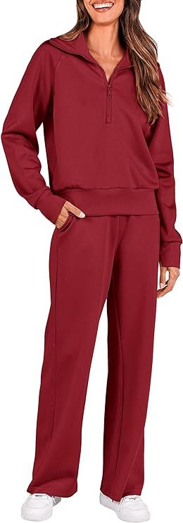 PRETTYGARDEN Women's 2 Piece Outfits Casual Lapel Half Zip Sweatshirts And Wide Leg Pants Tracksu... | Amazon (US)